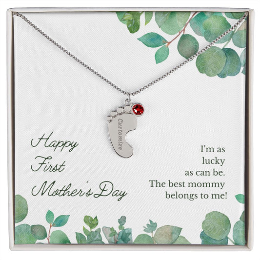 Engraved Baby Feet Name Necklace for First Mother's Day