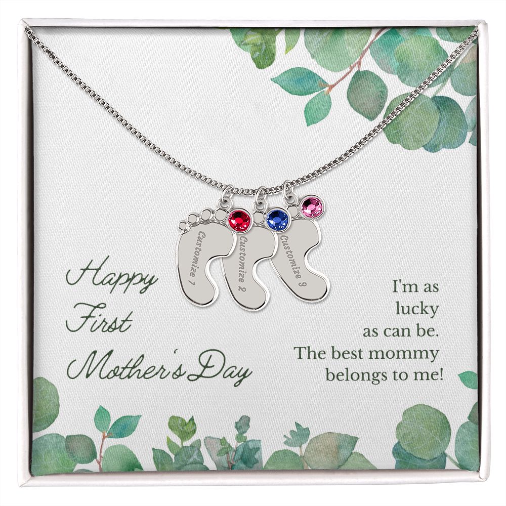 Engraved Baby Feet Name Necklace for First Mother's Day