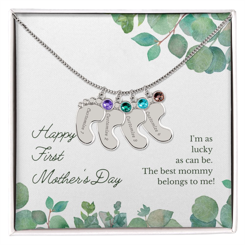 Engraved Baby Feet Name Necklace for First Mother's Day