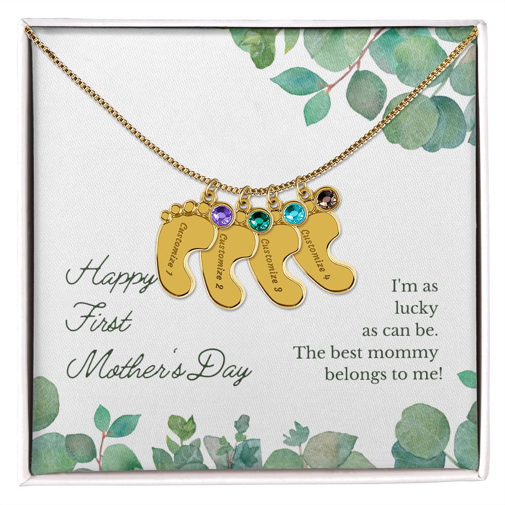 Engraved Baby Feet Name Necklace for First Mother's Day