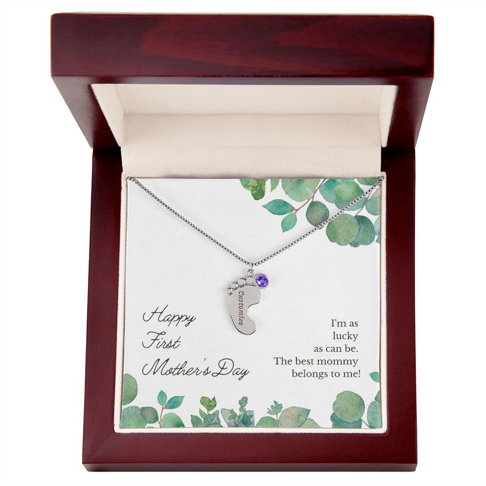 Engraved Baby Feet Name Necklace for First Mother's Day