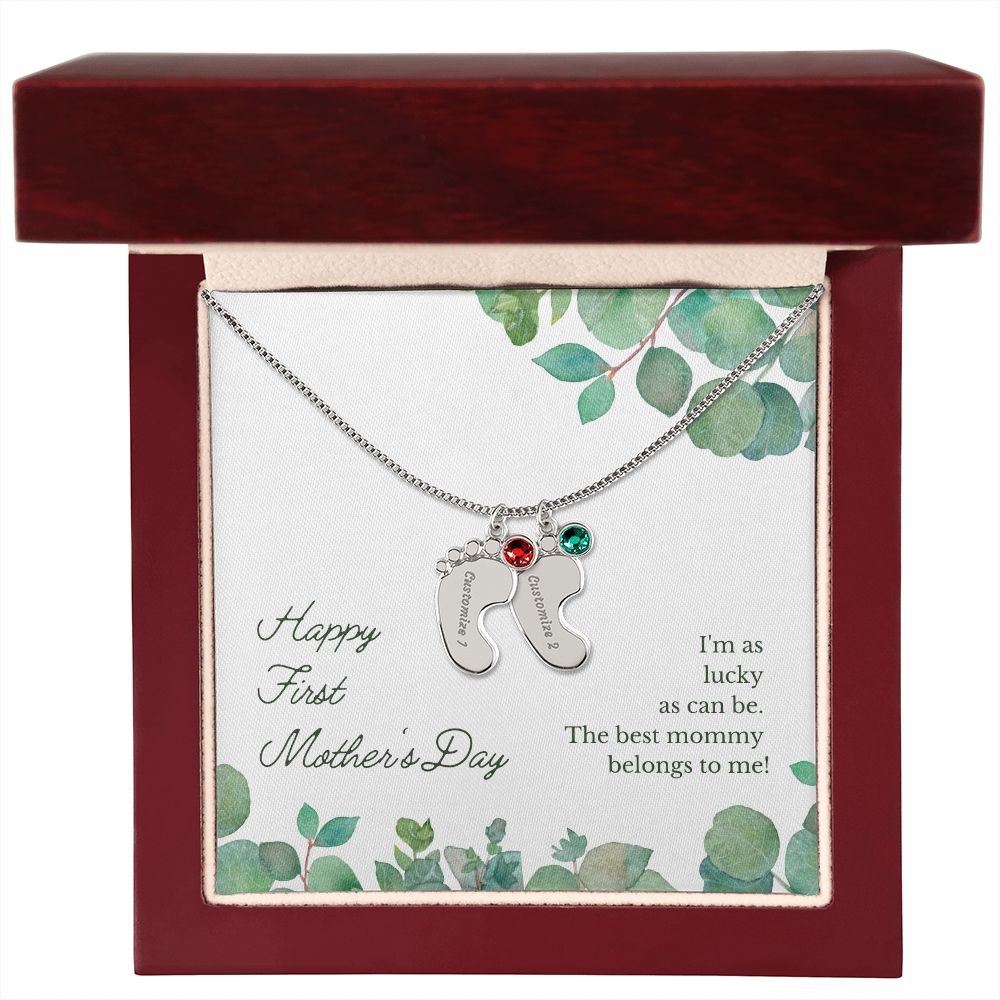 Engraved Baby Feet Name Necklace for First Mother's Day