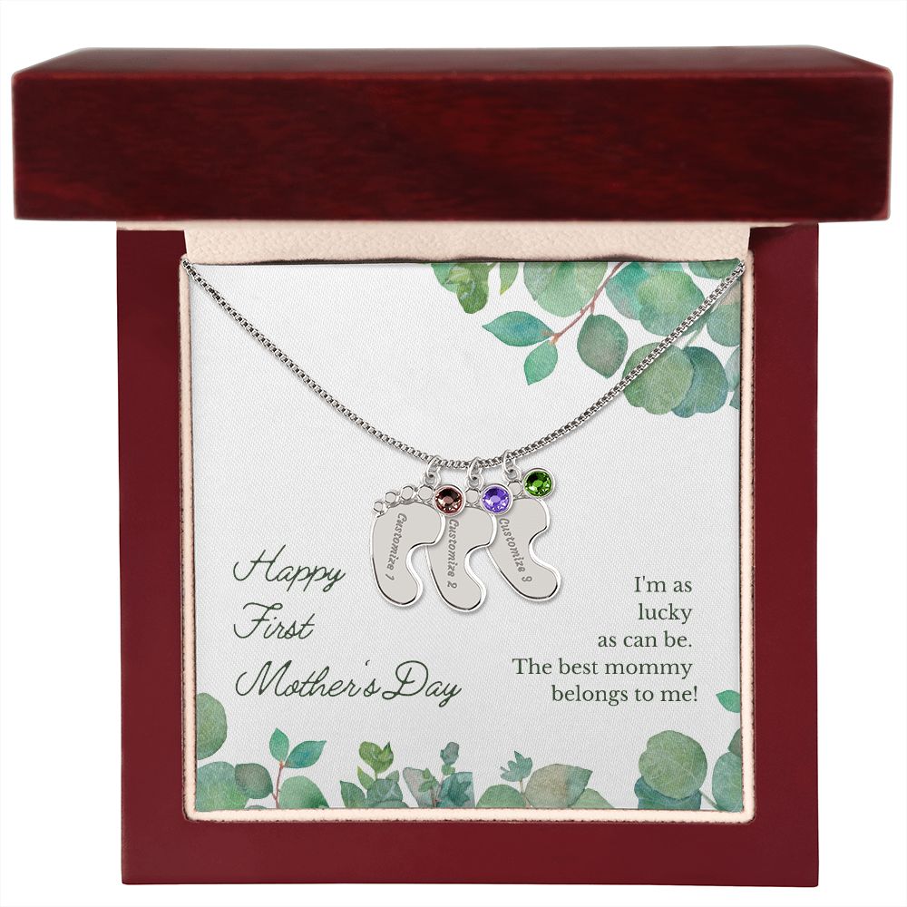 Engraved Baby Feet Name Necklace for First Mother's Day