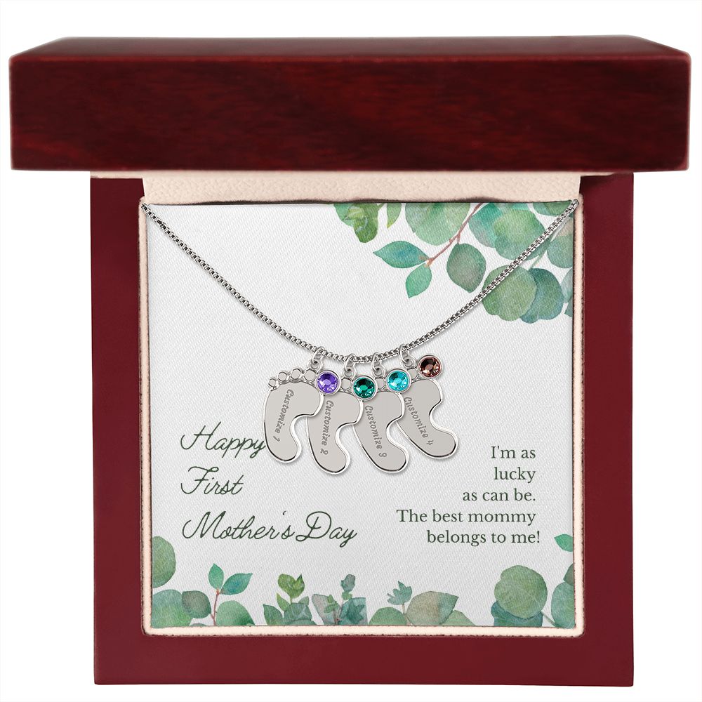 Engraved Baby Feet Name Necklace for First Mother's Day