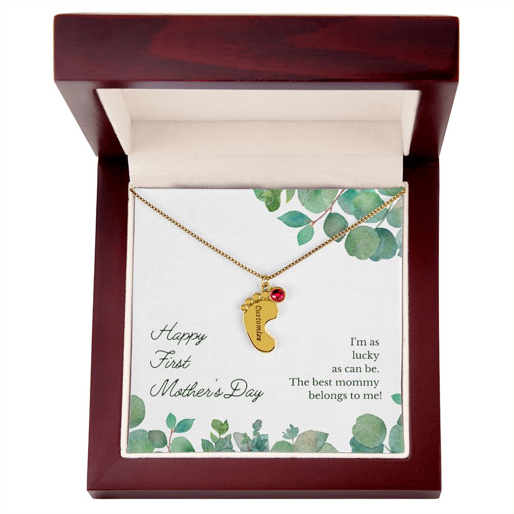 Engraved Baby Feet Name Necklace for First Mother's Day