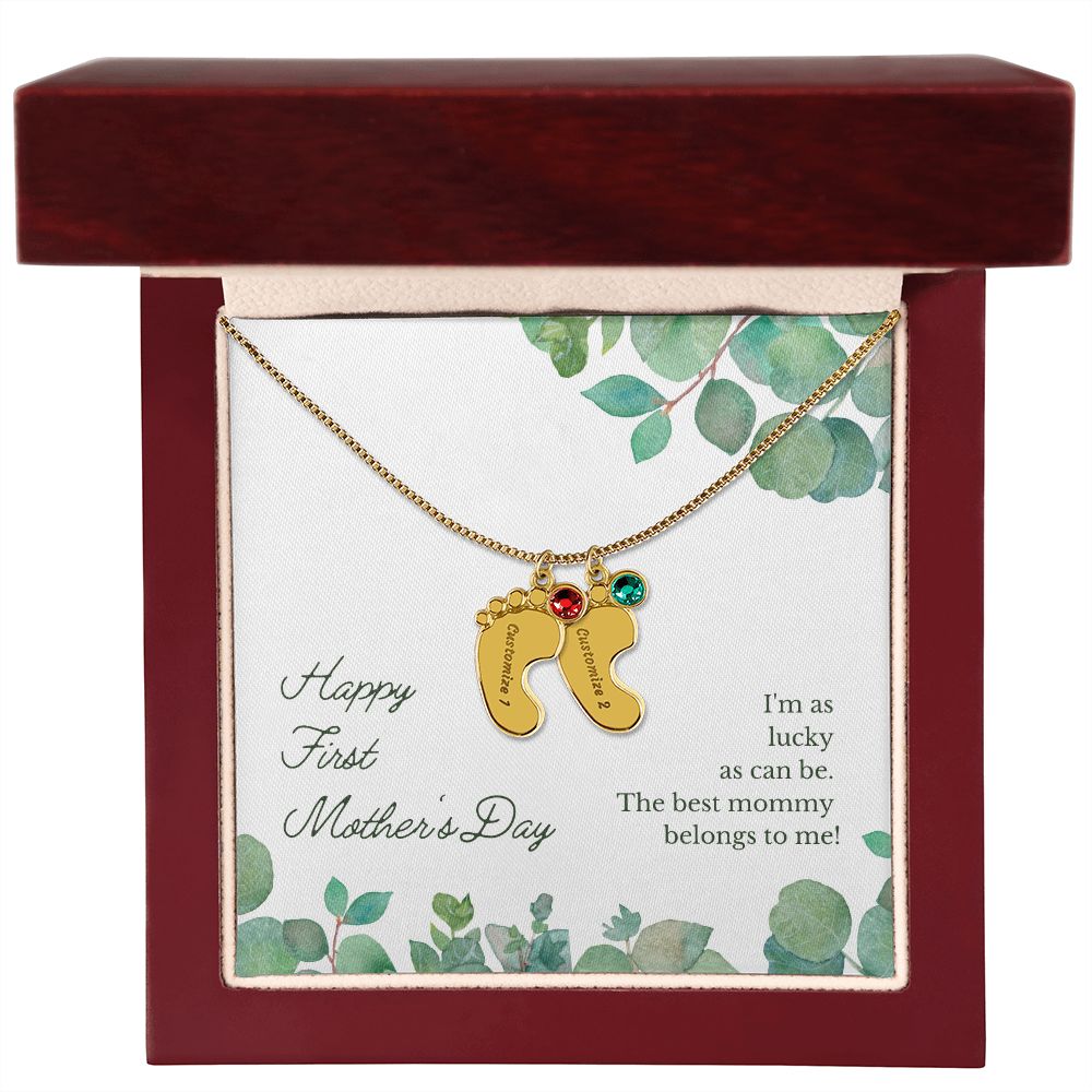 Engraved Baby Feet Name Necklace for First Mother's Day